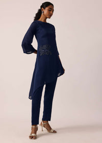 Blue Kurta And Pant Set With Hand Worked Asymmetric Hem