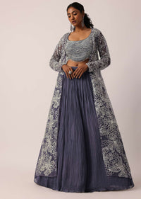 Grey Hand Embroidered Long Jacket And Lehenga Set