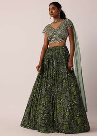 Green Chiffon Printed Lehenga Set With Sequin Work