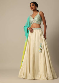 White Chanderi Handloom Lehenga Set With Mirror Work