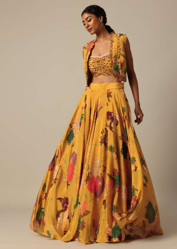 Mustard Yellow Printed Jacket And Lehenga Set