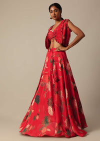 Red Printed Lehenga And Jacket Set In Chiffon