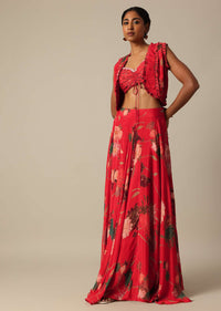 Red Printed Lehenga And Jacket Set In Chiffon