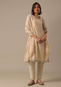 Beige Chanderi Pant Set With Sequin Kurta