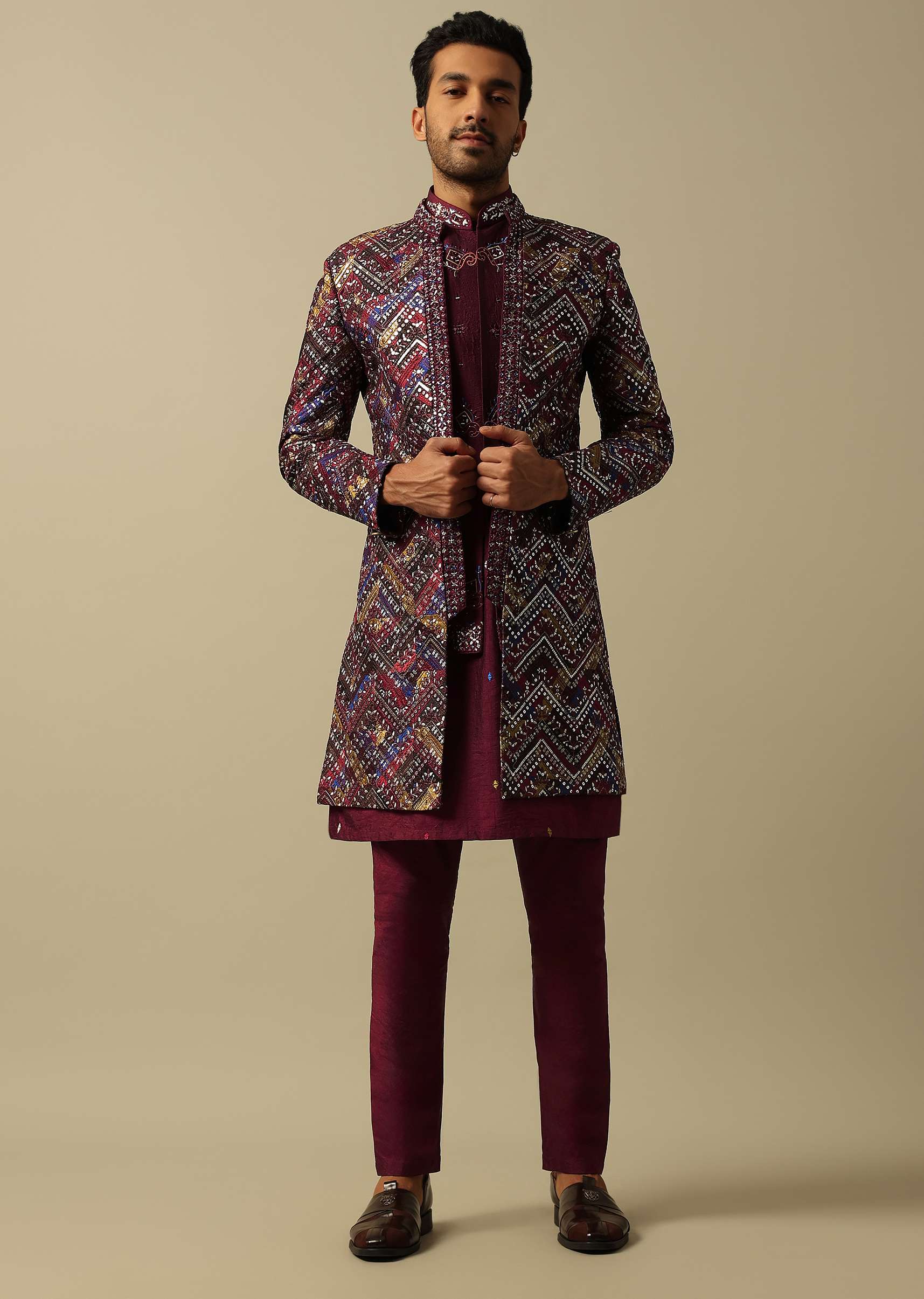 Regal Red Silk Indowestern For Men