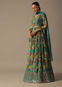 Green Printed Anarkali Set With Gota Patti Work And Belt