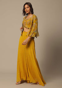 Mustard Crop Top Set With Embroidered Palazzo Pants