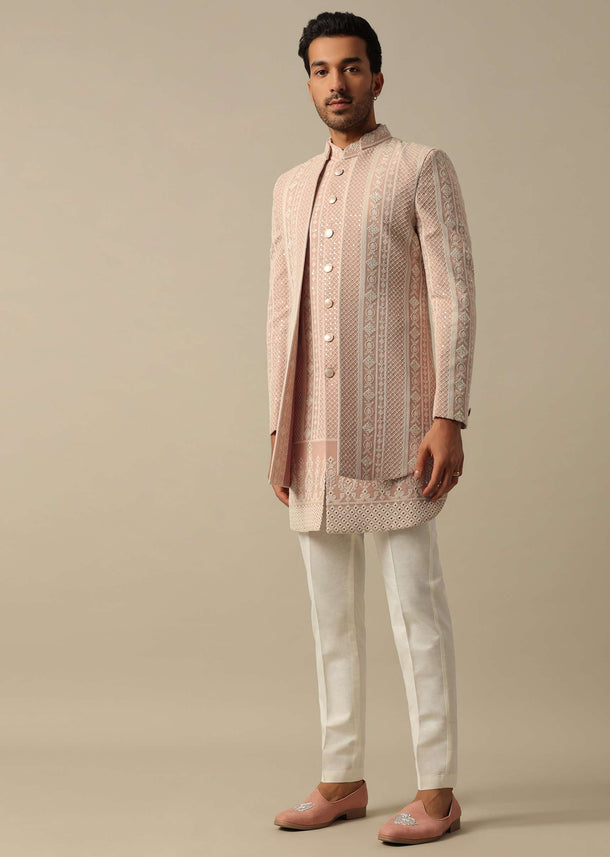 Peach Sherwani Set With Intricate Embroidery