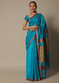 Blue Maheshwari Saree In Chanderi Silk With Jute Woven Pallu