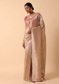 Pink Kora Silk Saree With Unstitched Blouse Fabric