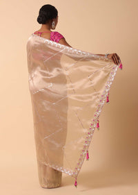 Pink Kora Silk Saree With Unstitched Blouse Fabric