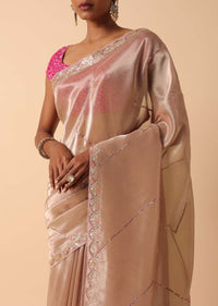 Pink Kora Silk Saree With Unstitched Blouse Fabric