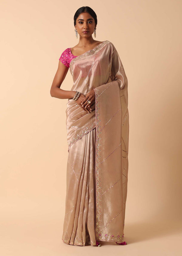 Pink Kora Silk Saree With Unstitched Blouse Fabric