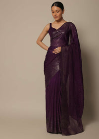 Wine Saree In Georgette With Badla Work And Unstitched Blouse Piece