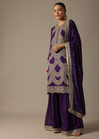 Purple Chiffon Sharara Set With Embroidered Detail