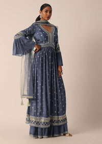 Blue Kurta Sharara Set With Thread And Mirror Work