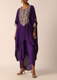 Purple Embroidered Asymmetric Kurta With Dhoti