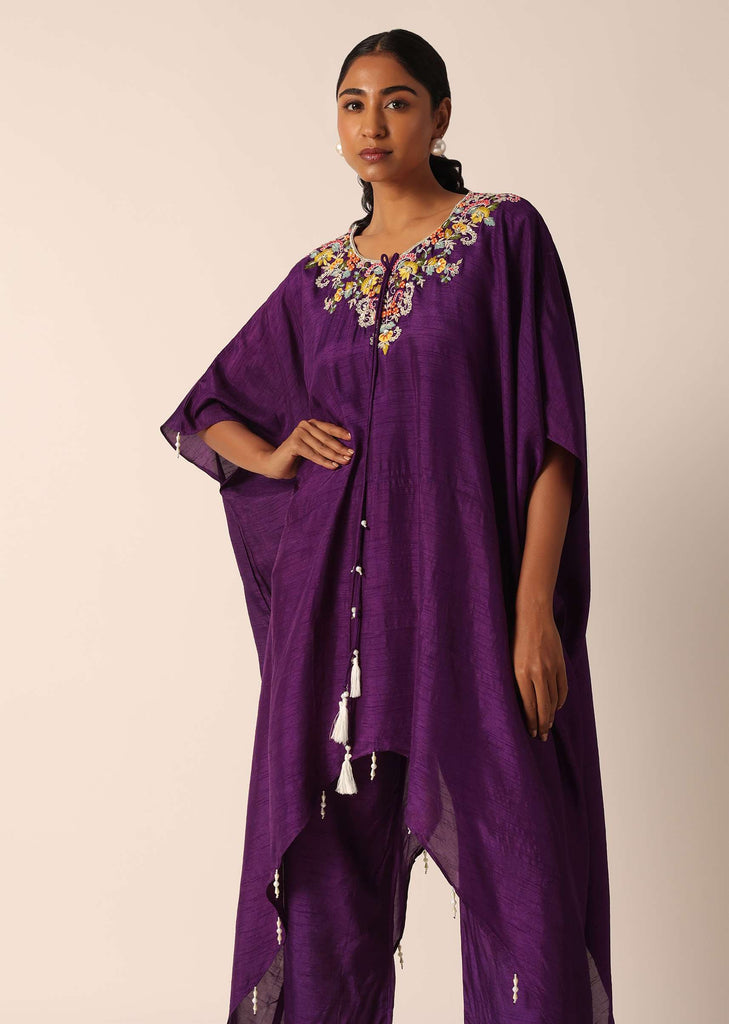 Purple Asymmetric Kaftan Kurta With Pants