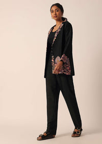 Black Art Silk Jacket And Pant Set With Sequin Work