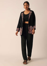 Black Art Silk Jacket And Pant Set With Sequin Work