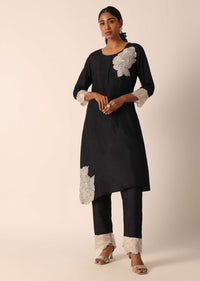 Black Kurta Set In Cotton With Patchwork Embroidery