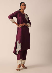 Wine Cotton Kurta Set With Patchwork Embroidery