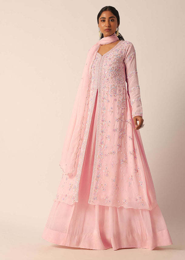 Pink Kurti And Skirt Set With Sequin Embellishments