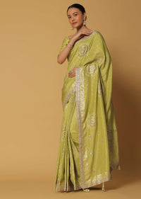Green Saree In Dola Silk With Gota Work Pallu And Unstitched Blouse Fabric