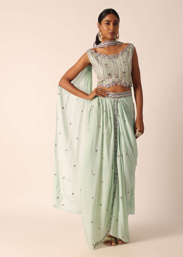 Green Embroidered Blouse And Dhoti Set