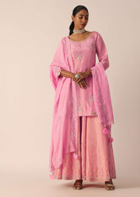 Pink Embroidered Kurta And Palazzo Set With Patchwork