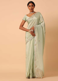 Green Tissue Silk Saree With Gota Patti Work And Unstitched Blouse Piece