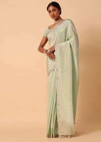 Green Tissue Silk Saree With Gota Patti Work And Unstitched Blouse Piece