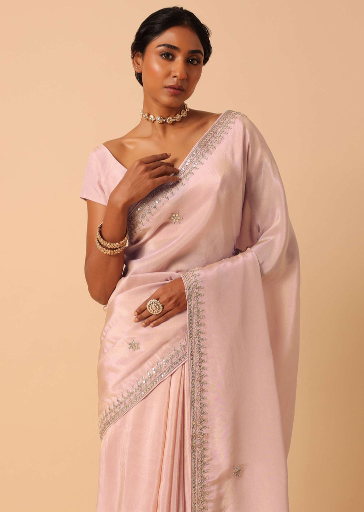 Peach Silk Saree With Gota Patti Work Border And Unstitched Blouse Piece