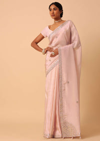 Peach Silk Saree With Gota Patti Work Border And Unstitched Blouse Piece