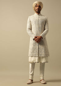 Opulent Beige Banarasi Silk Sherwani