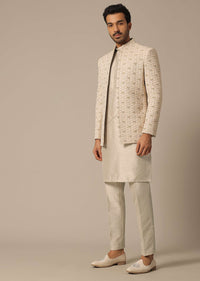 Peach Embroidered Jacket Set In Jacquard