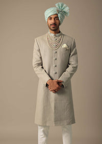 Elegant Green Silk Sherwani with Neckline Embroidery