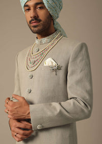 Elegant Green Silk Sherwani with Neckline Embroidery