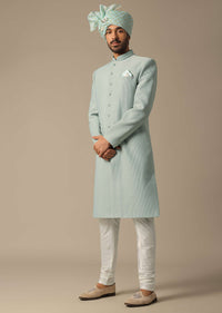 Exquisite Green Cotton Silk Sherwani Set