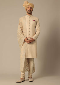 Gold Silk Sherwani Set With Embroidered Detail