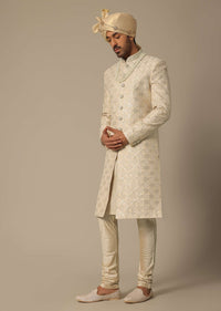 Gold Sherwani Set In Silk With Embroidered Detail