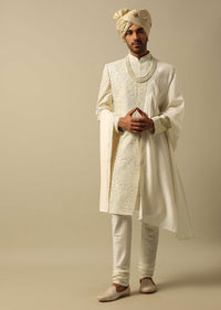 Exquisite White Raw Silk Sherwani Set