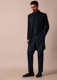 Dashing Blue Jacquard Indowestern For Men