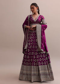 Elegant Wine Crepe Lehenga Set With Zardosi Choli And Heavy Dupatta