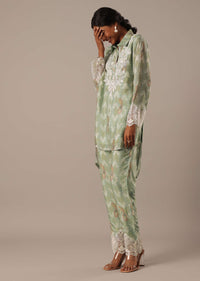 Green Printed Kurta Set With Asymmetric Hemline