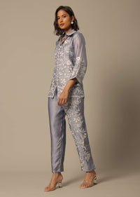 Grey Satin Pant Set With Thread Embroidery