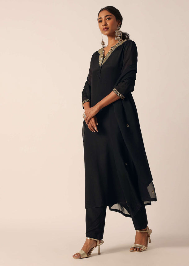 Black Kurti Set In Silk With Sequin Work