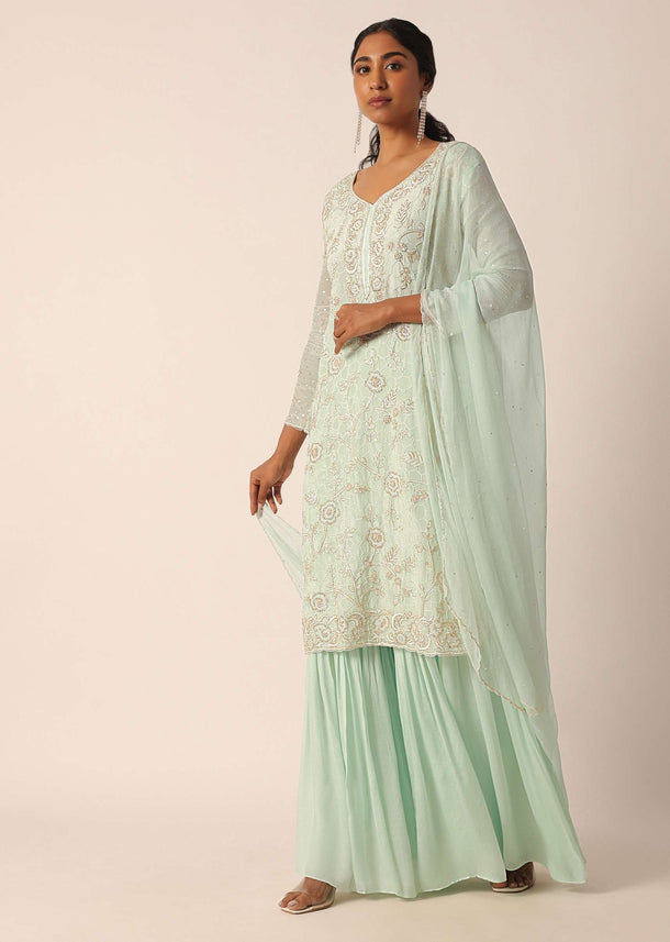 Green Kurta Sharara Set With Cutdana Work