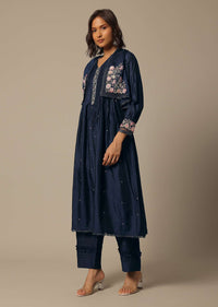 Navy Blue Cotton Pant Set With Pearl Work