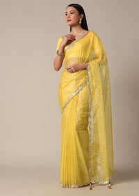 Elegant Yellow Saree With Mirror Scallop Border